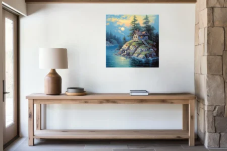 Painting of a rustic cabin on rocky island at twilight, blue water and glowing windows