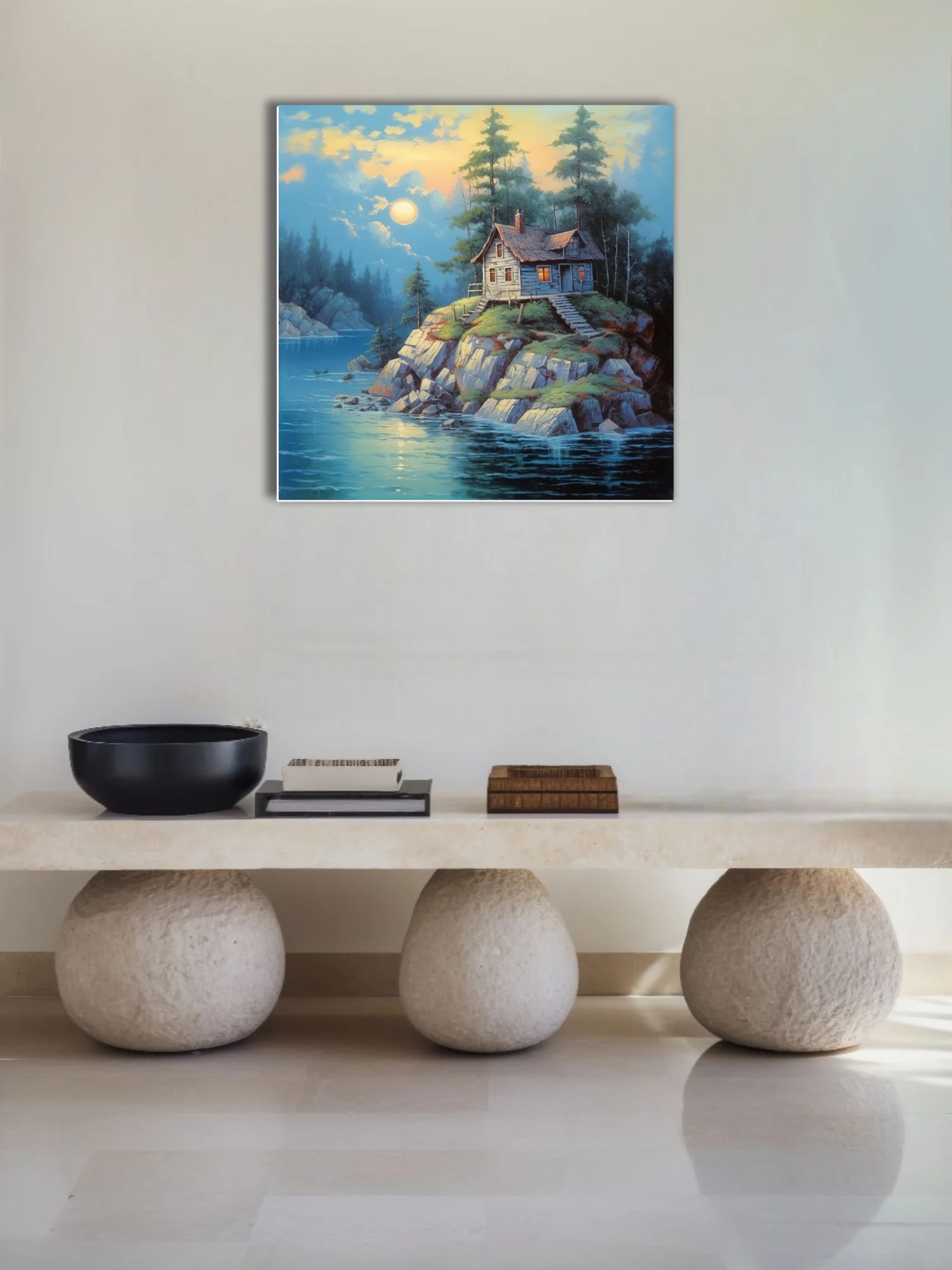 Painting of a rustic cabin on rocky island at twilight, blue water and glowing windows