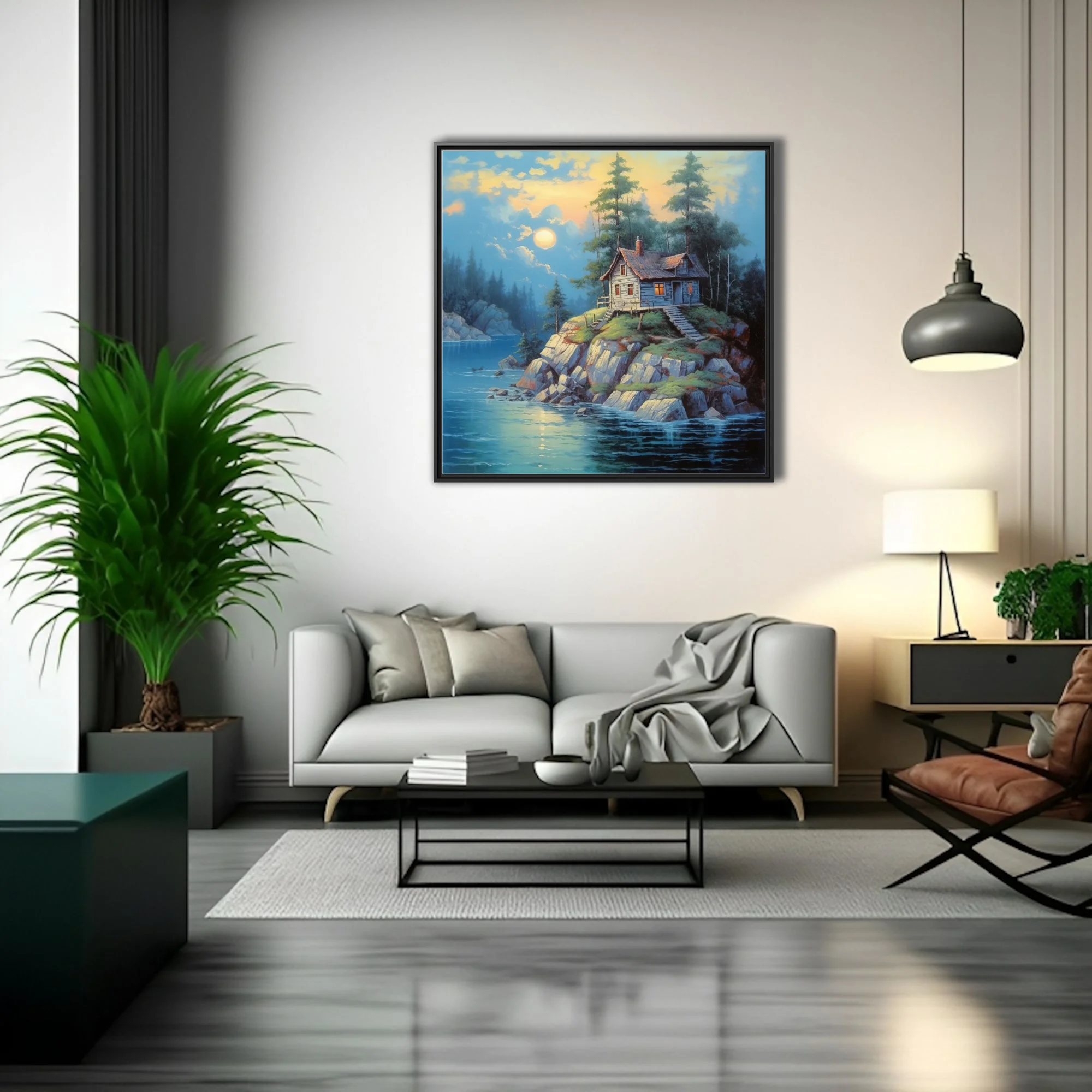 Painting of a rustic cabin on rocky island at twilight, blue water and glowing windows