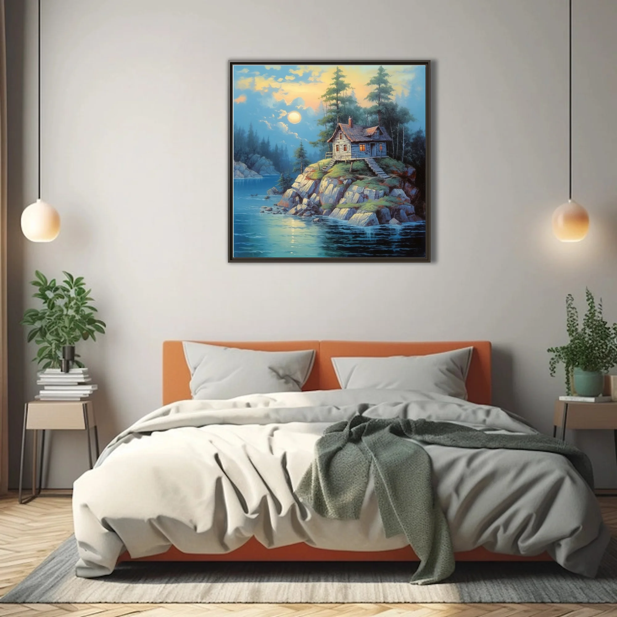 Painting of a rustic cabin on rocky island at twilight, blue water and glowing windows
