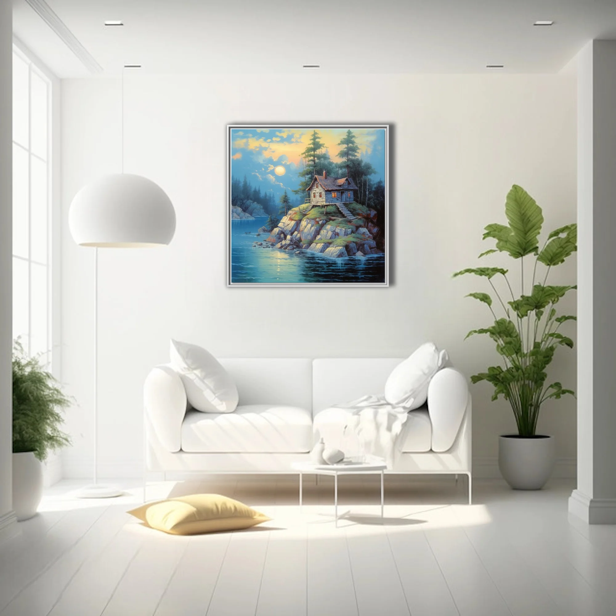 Painting of a rustic cabin on rocky island at twilight, blue water and glowing windows