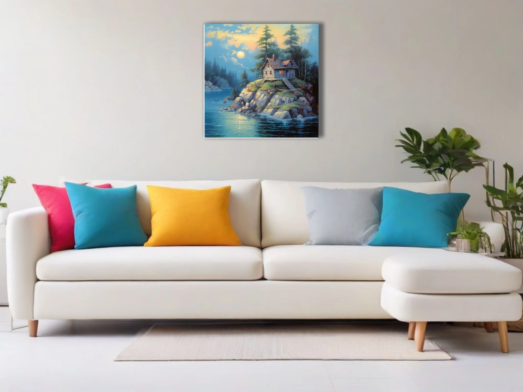 Painting of a rustic cabin on rocky island at twilight, blue water and glowing windows