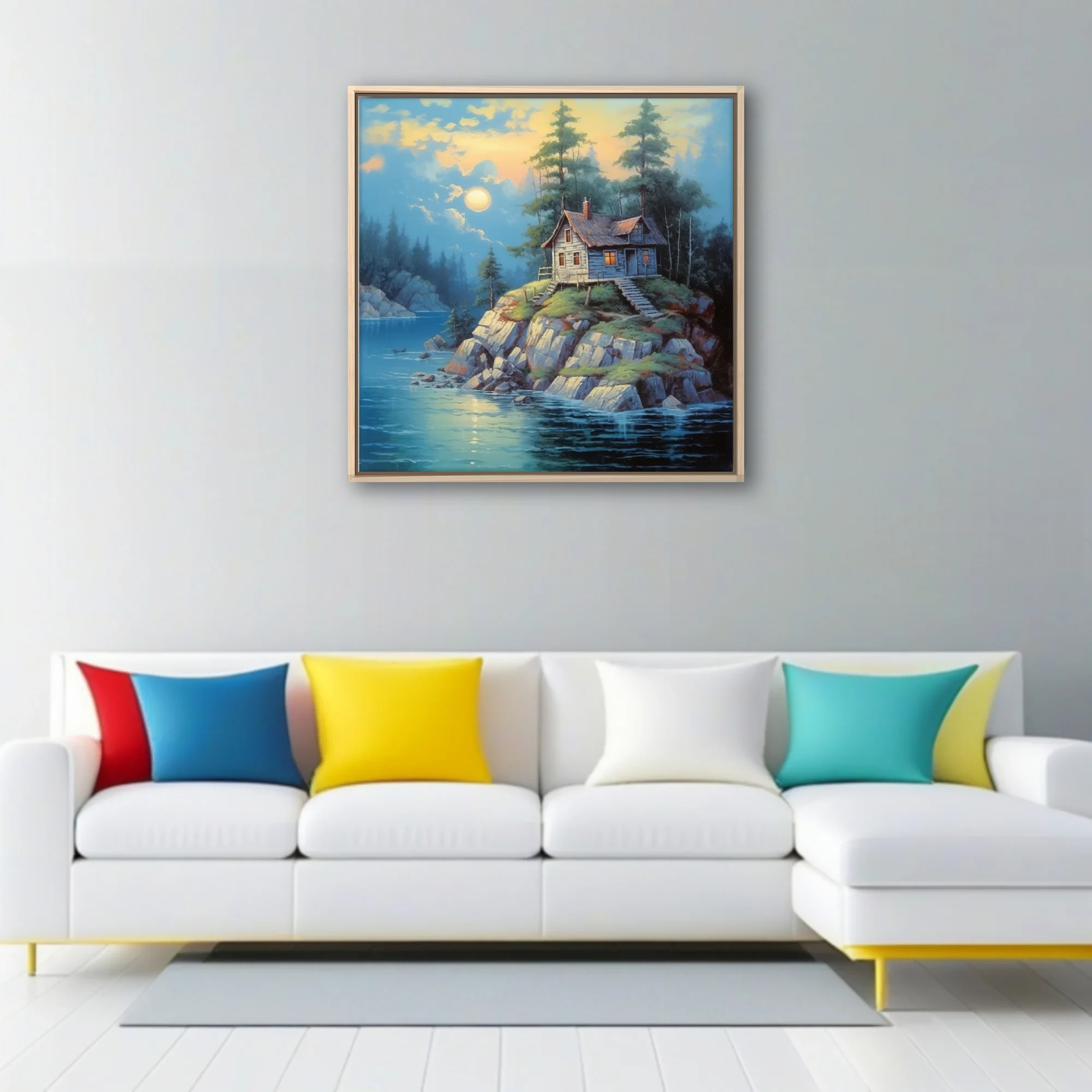 Painting of a rustic cabin on rocky island at twilight, blue water and glowing windows