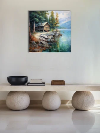 Rustic lakeside cabin among pines with turquoise water and misty mountains, landscape art