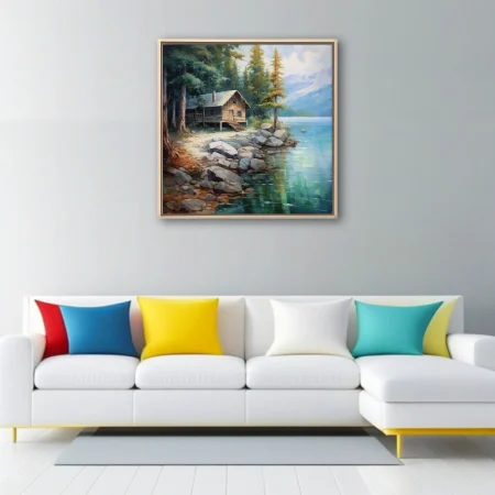 Rustic lakeside cabin among pines with turquoise water and misty mountains, landscape art