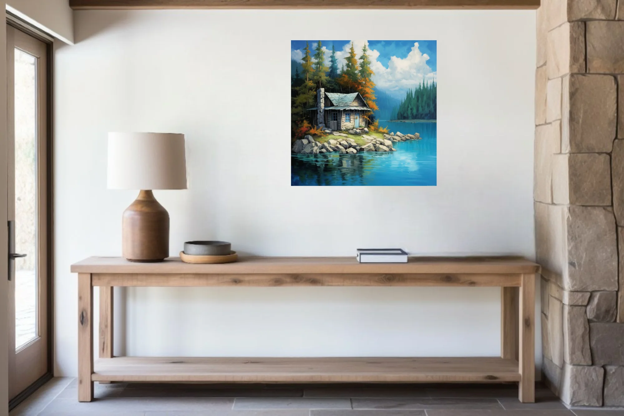 Painterly lakeside cabin among autumn conifers with turquoise water and drifting clouds, wall art