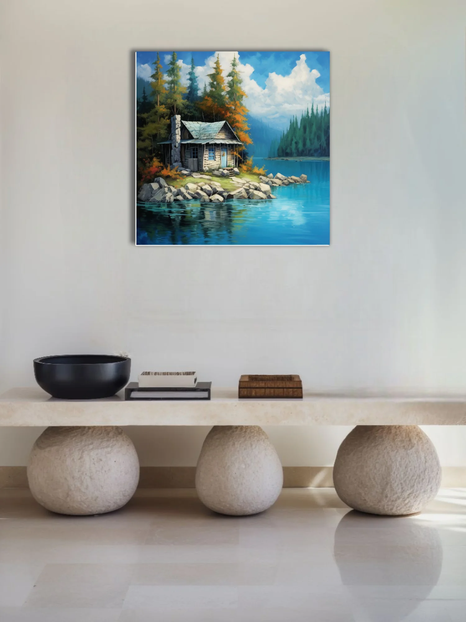 Painterly lakeside cabin among autumn conifers with turquoise water and drifting clouds, wall art