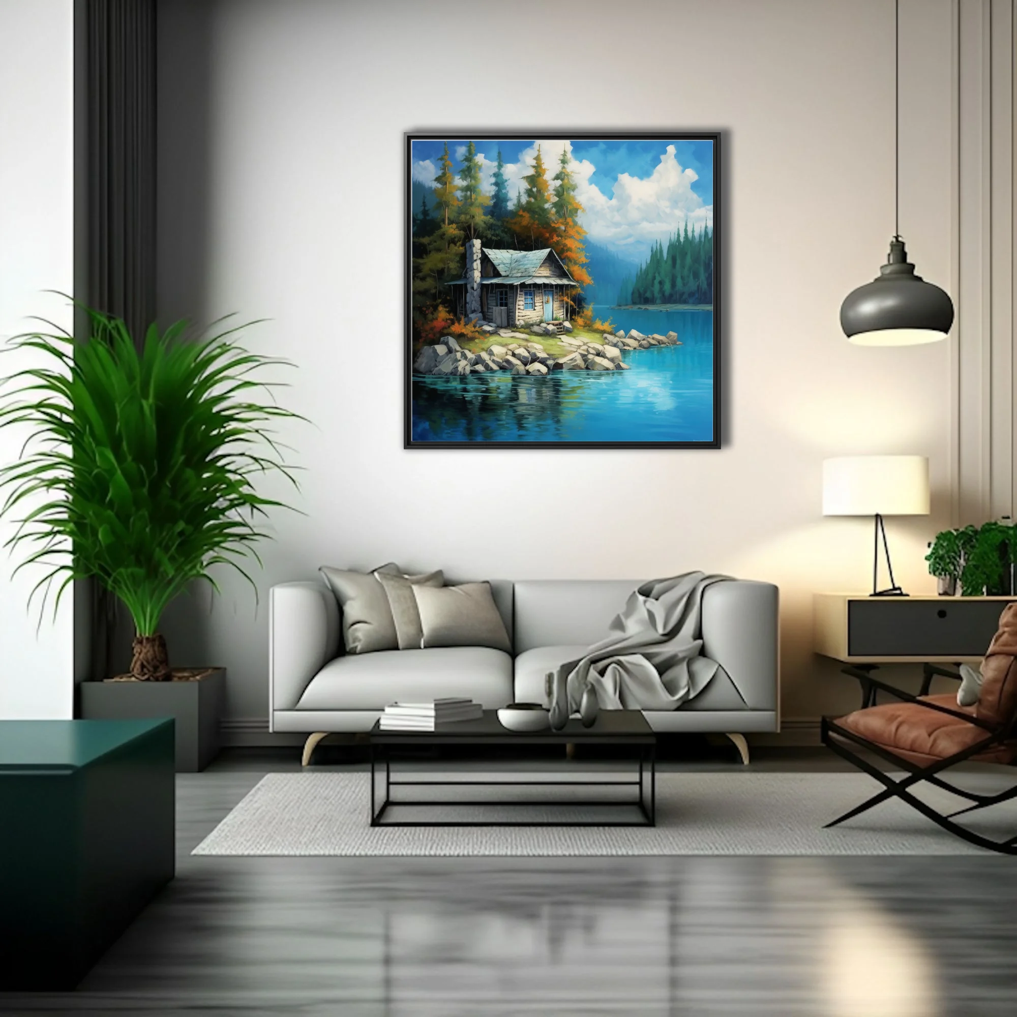 Painterly lakeside cabin among autumn conifers with turquoise water and drifting clouds, wall art
