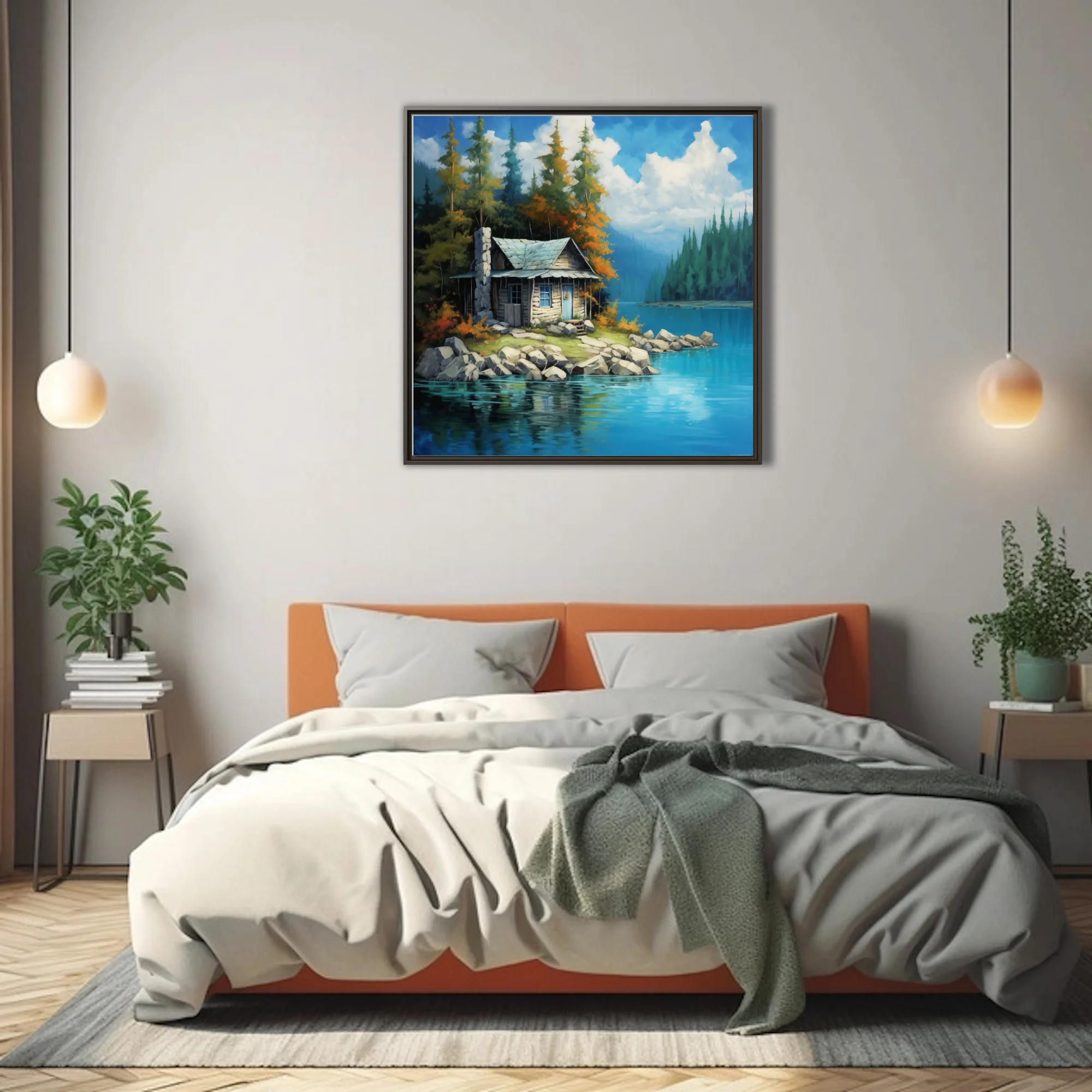 Painterly lakeside cabin among autumn conifers with turquoise water and drifting clouds, wall art