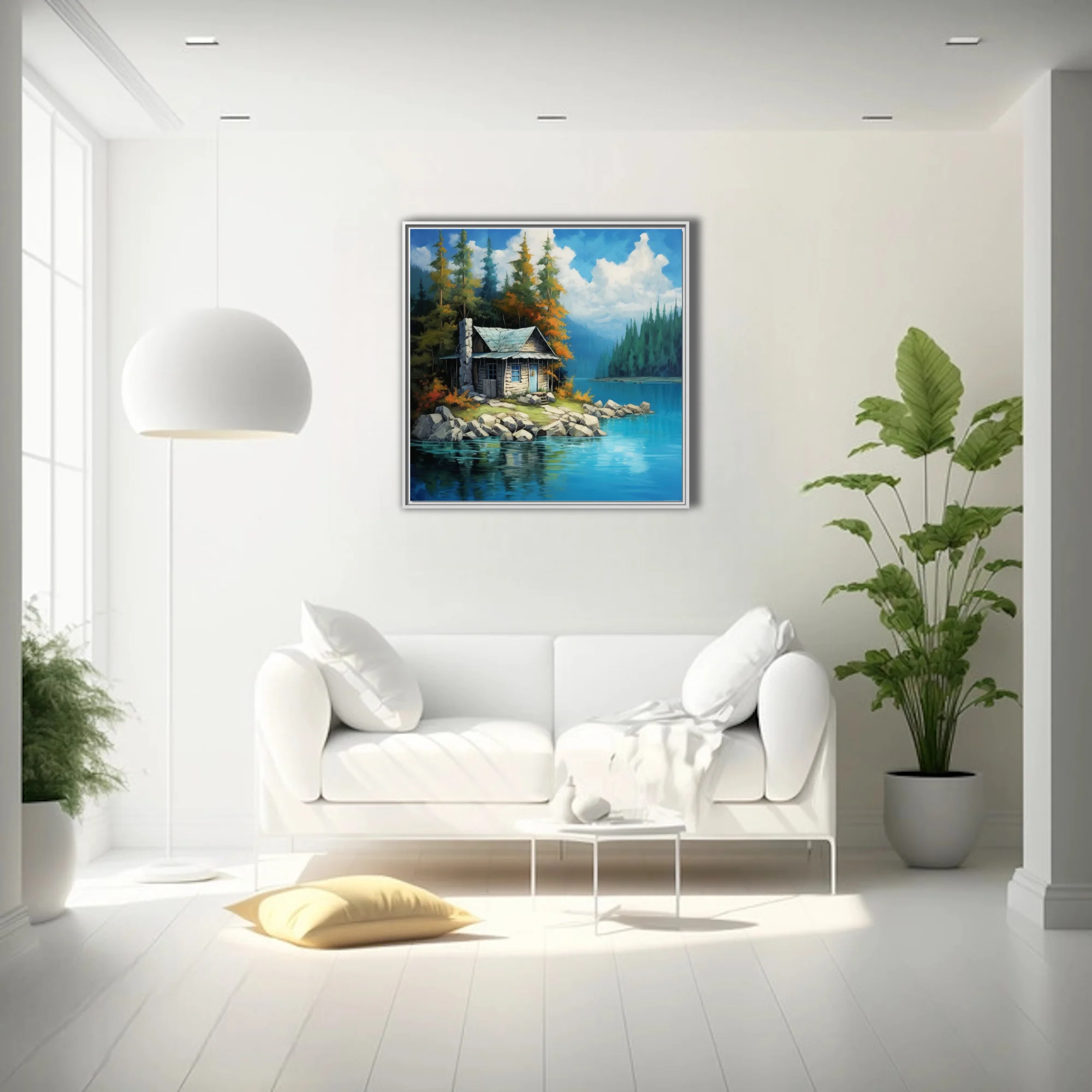 Painterly lakeside cabin among autumn conifers with turquoise water and drifting clouds, wall art
