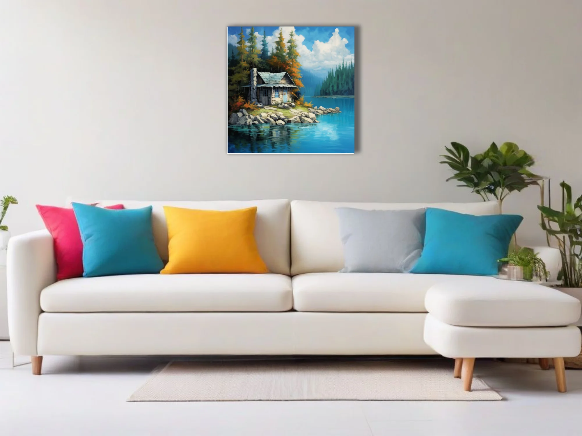 Painterly lakeside cabin among autumn conifers with turquoise water and drifting clouds, wall art
