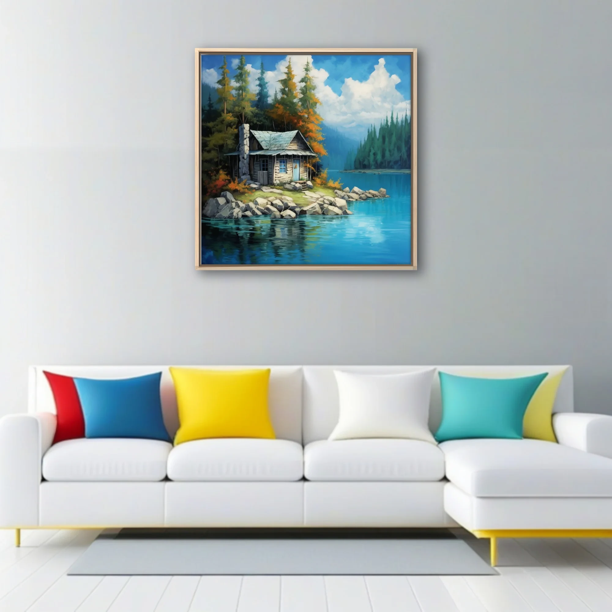 Painterly lakeside cabin among autumn conifers with turquoise water and drifting clouds, wall art