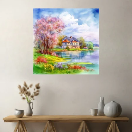 Watercolor-style spring lakeside cottage with blossoming tree, wildflowers, and soft cloud-filled sky