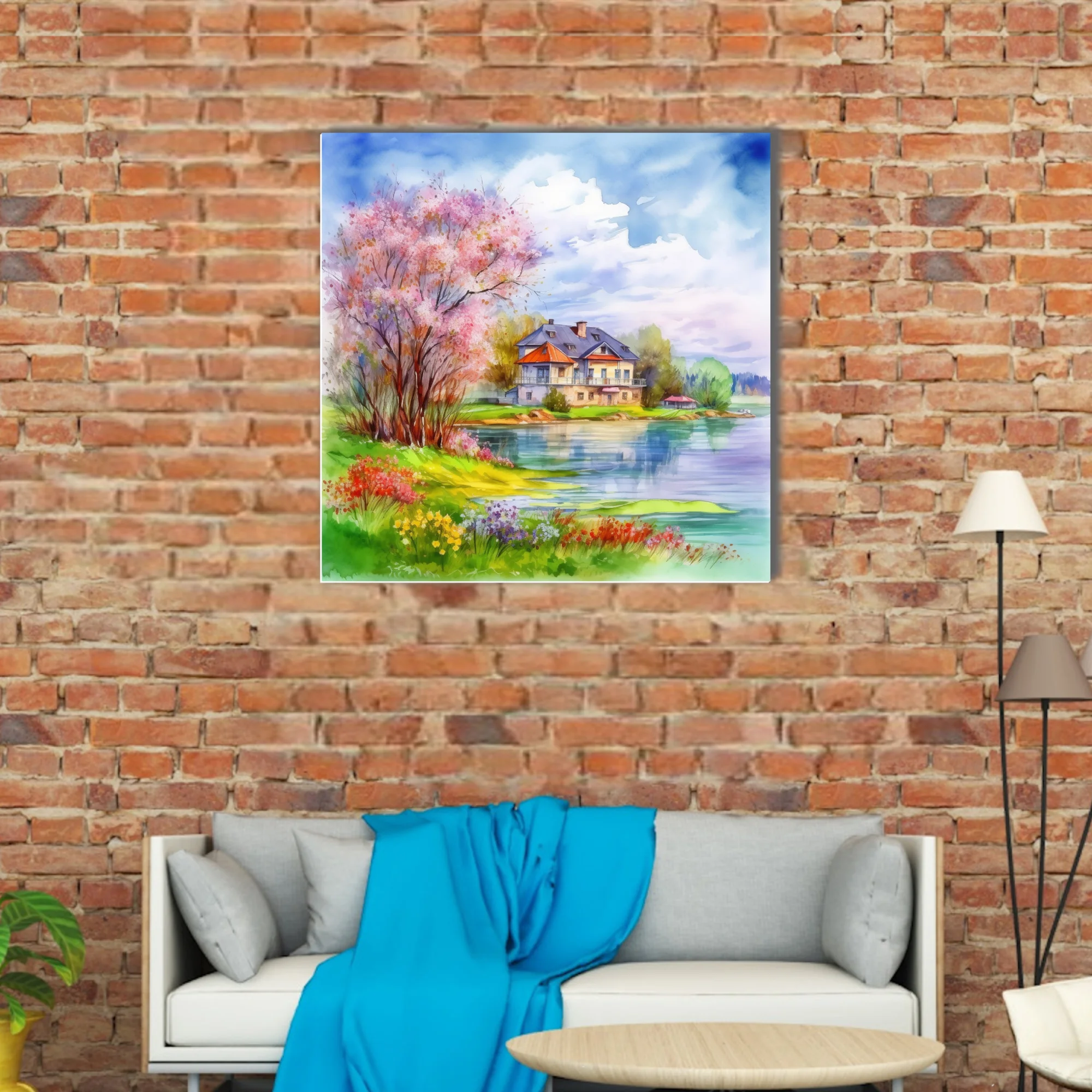 Watercolor-style spring lakeside cottage with blossoming tree, wildflowers, and soft cloud-filled sky