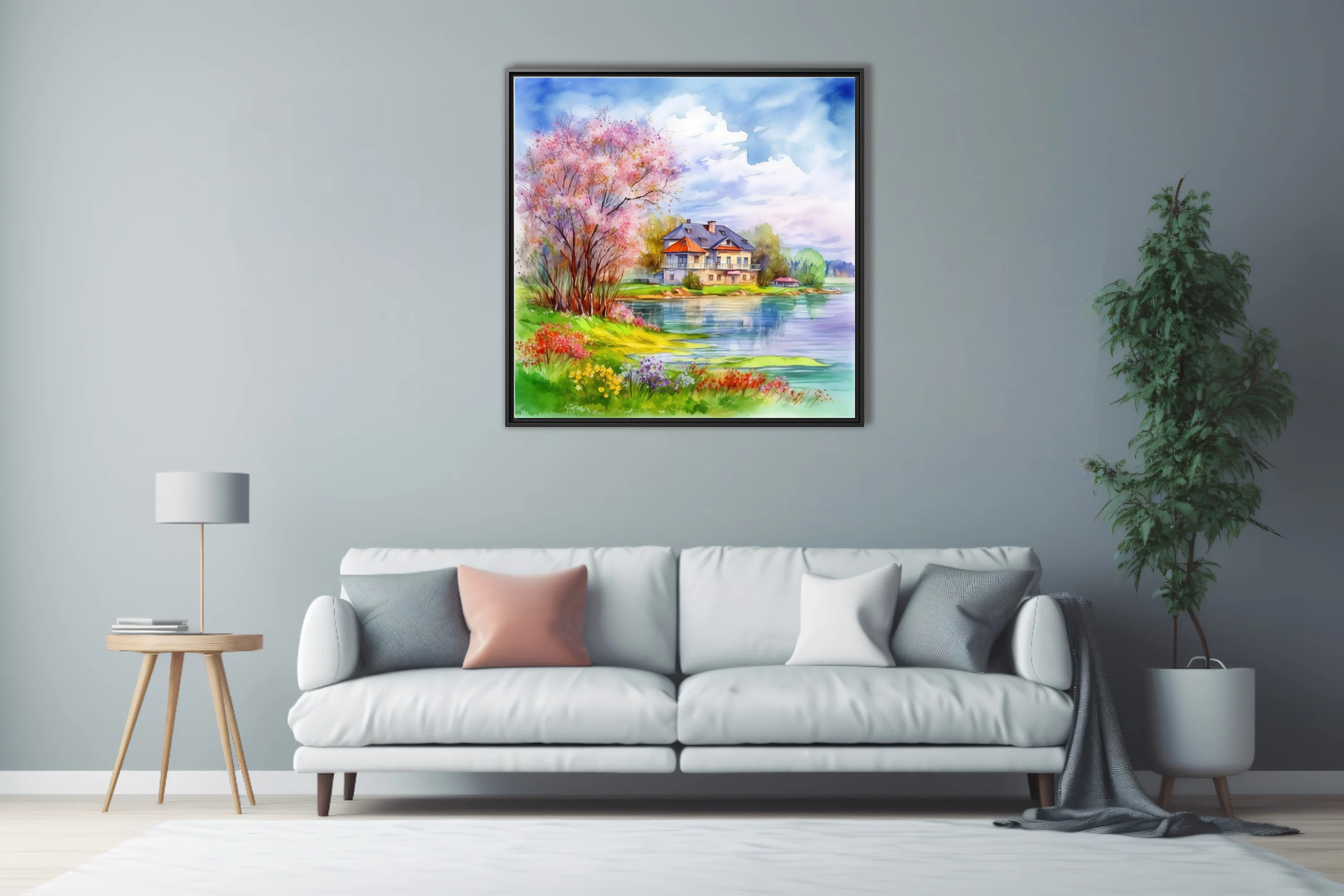Watercolor-style spring lakeside cottage with blossoming tree, wildflowers, and soft cloud-filled sky