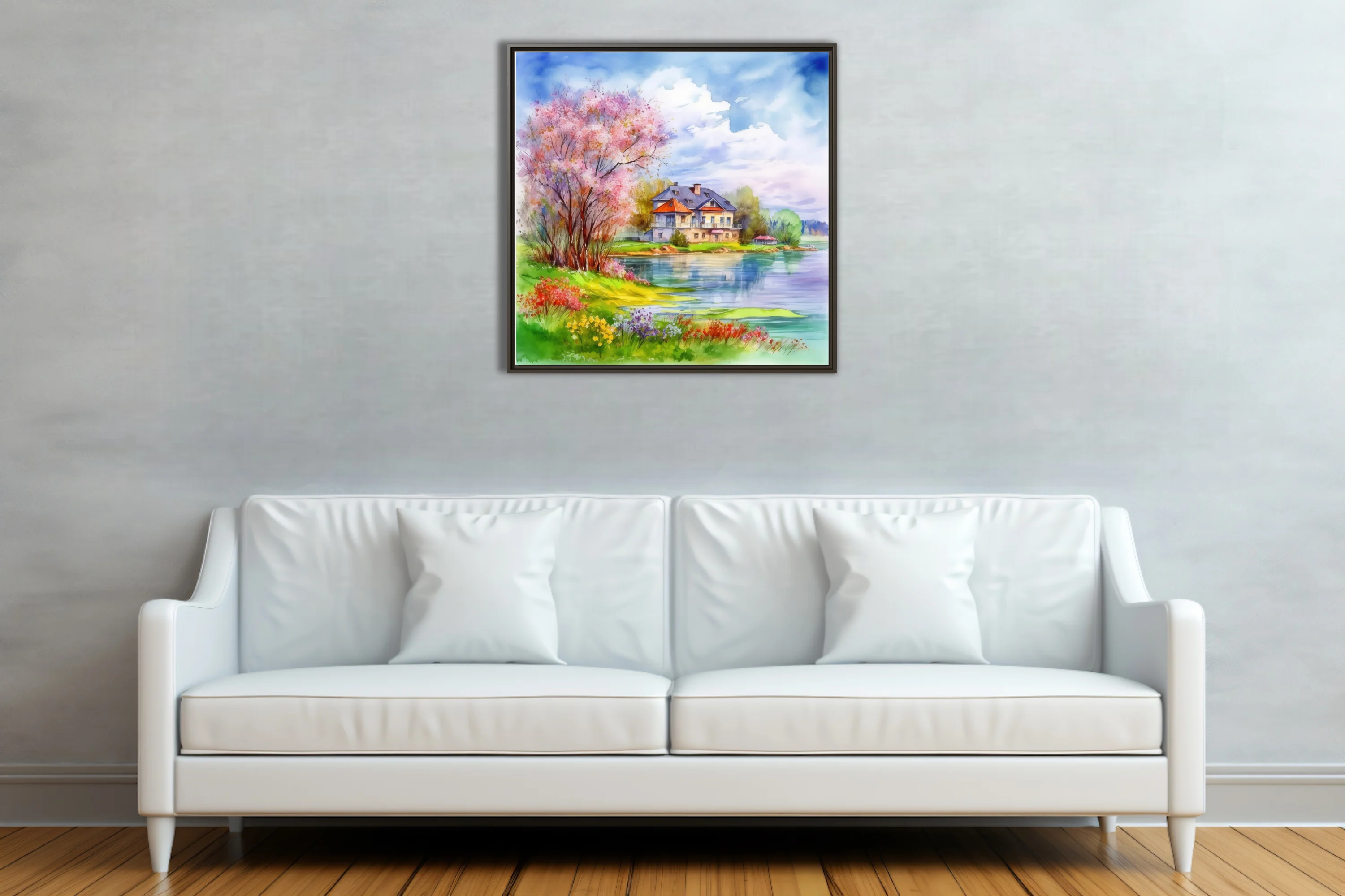 Watercolor-style spring lakeside cottage with blossoming tree, wildflowers, and soft cloud-filled sky