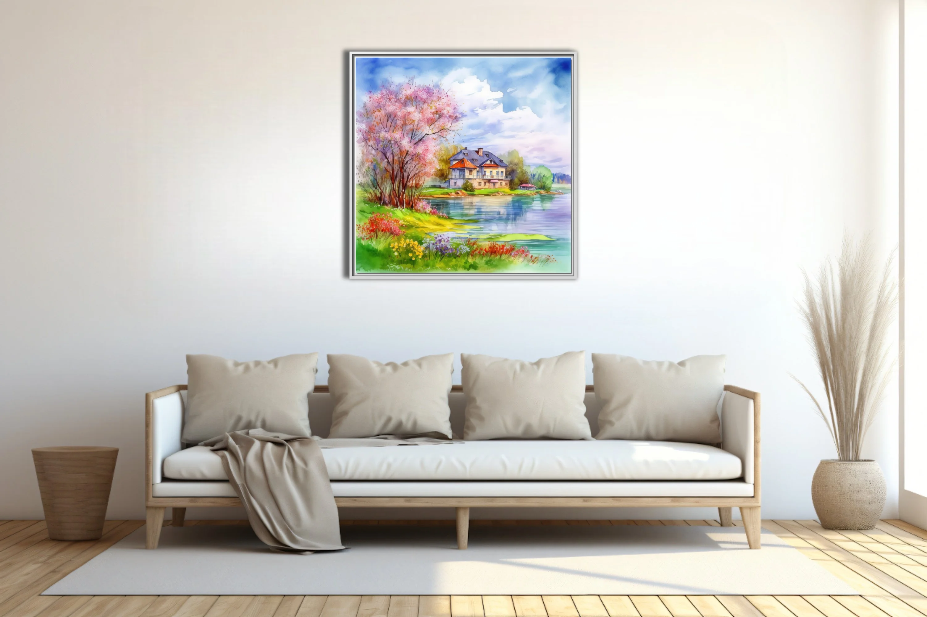Watercolor-style spring lakeside cottage with blossoming tree, wildflowers, and soft cloud-filled sky