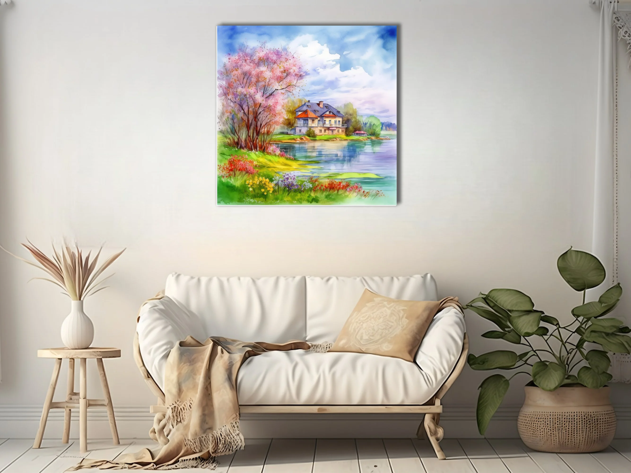 Watercolor-style spring lakeside cottage with blossoming tree, wildflowers, and soft cloud-filled sky