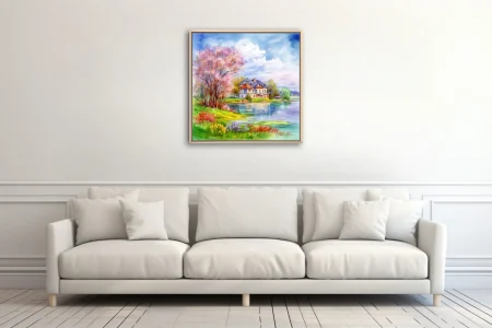 Watercolor-style spring lakeside cottage with blossoming tree, wildflowers, and soft cloud-filled sky