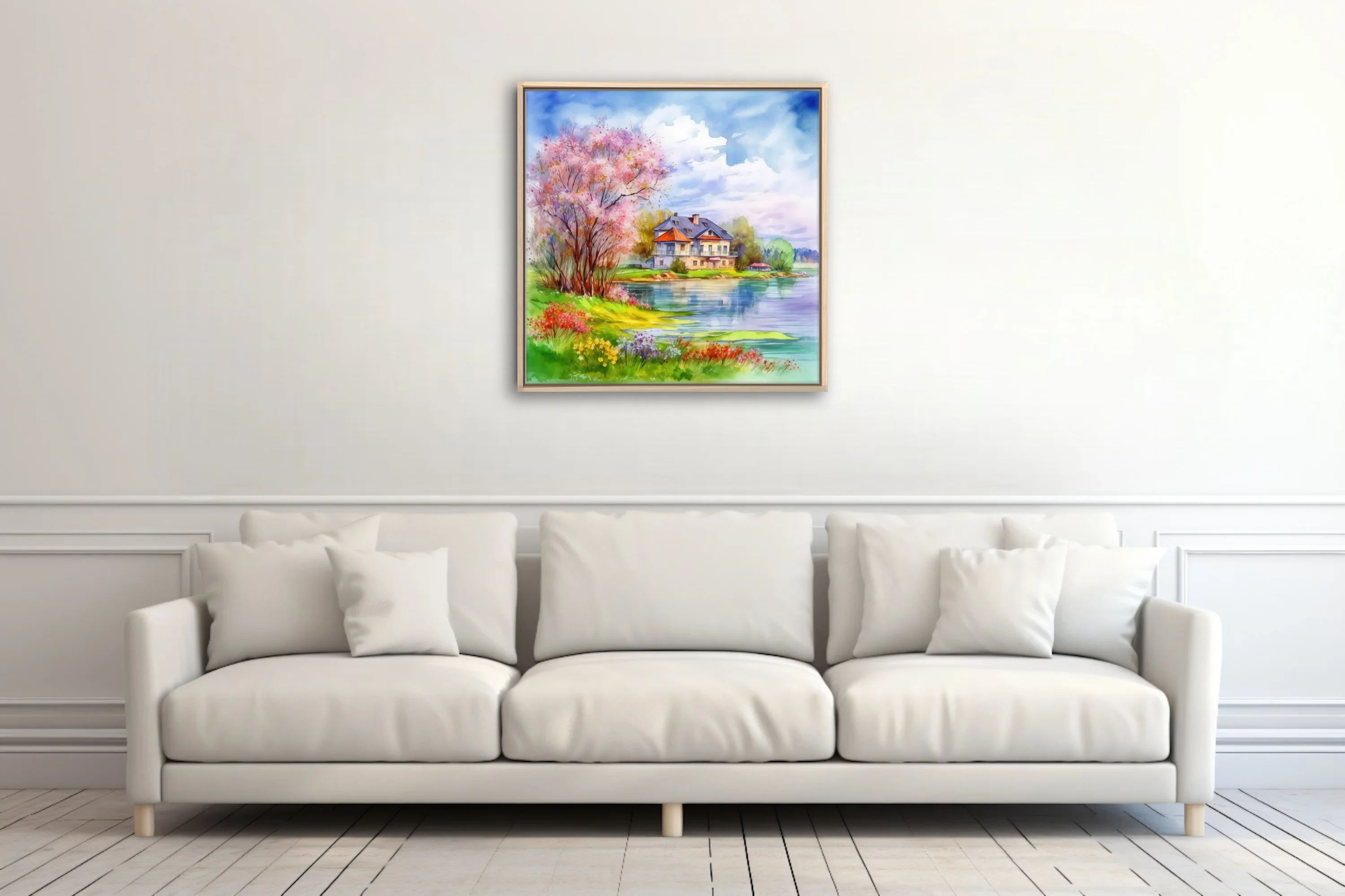 Watercolor-style spring lakeside cottage with blossoming tree, wildflowers, and soft cloud-filled sky