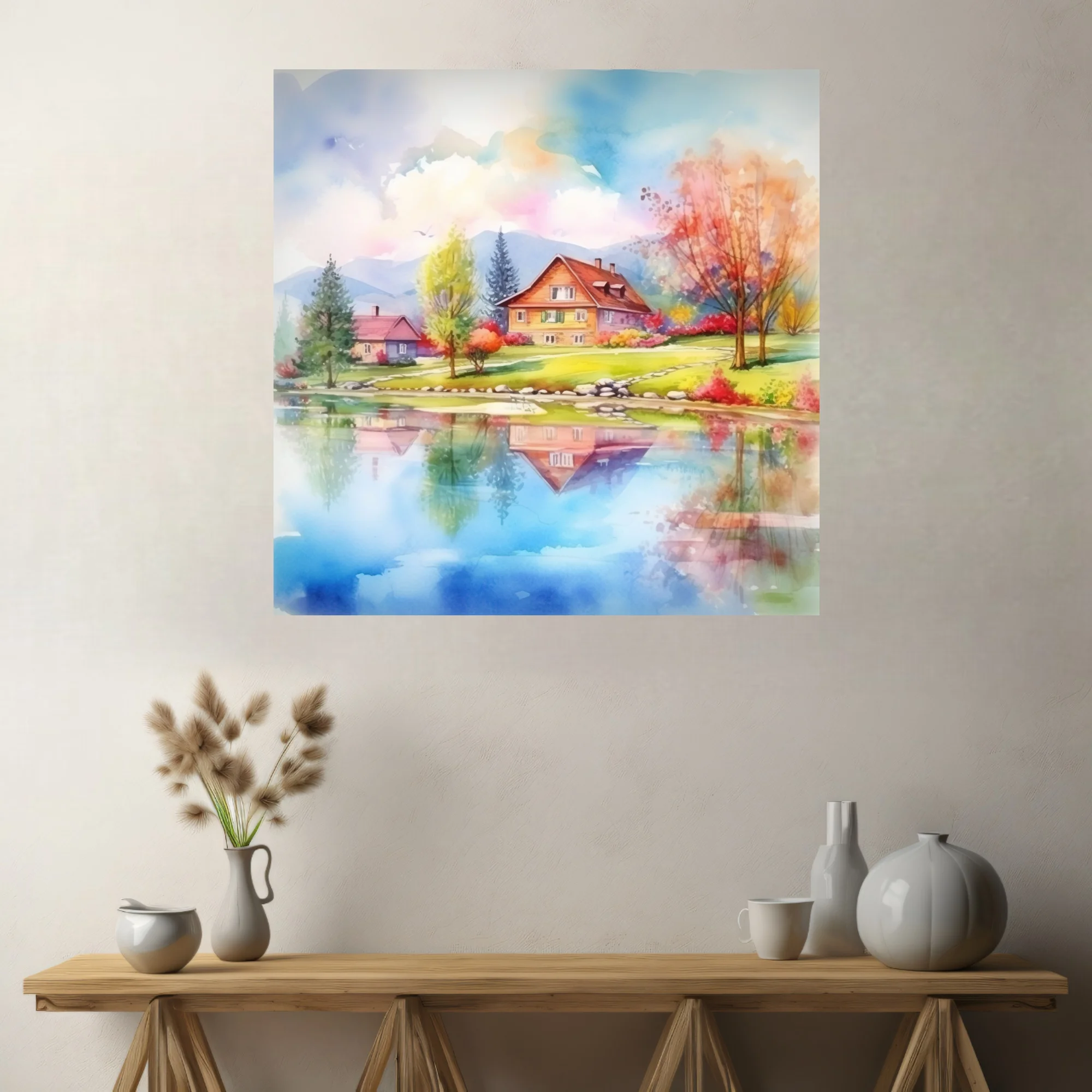 Watercolor-style spring village landscape with lake reflections and colorful trees