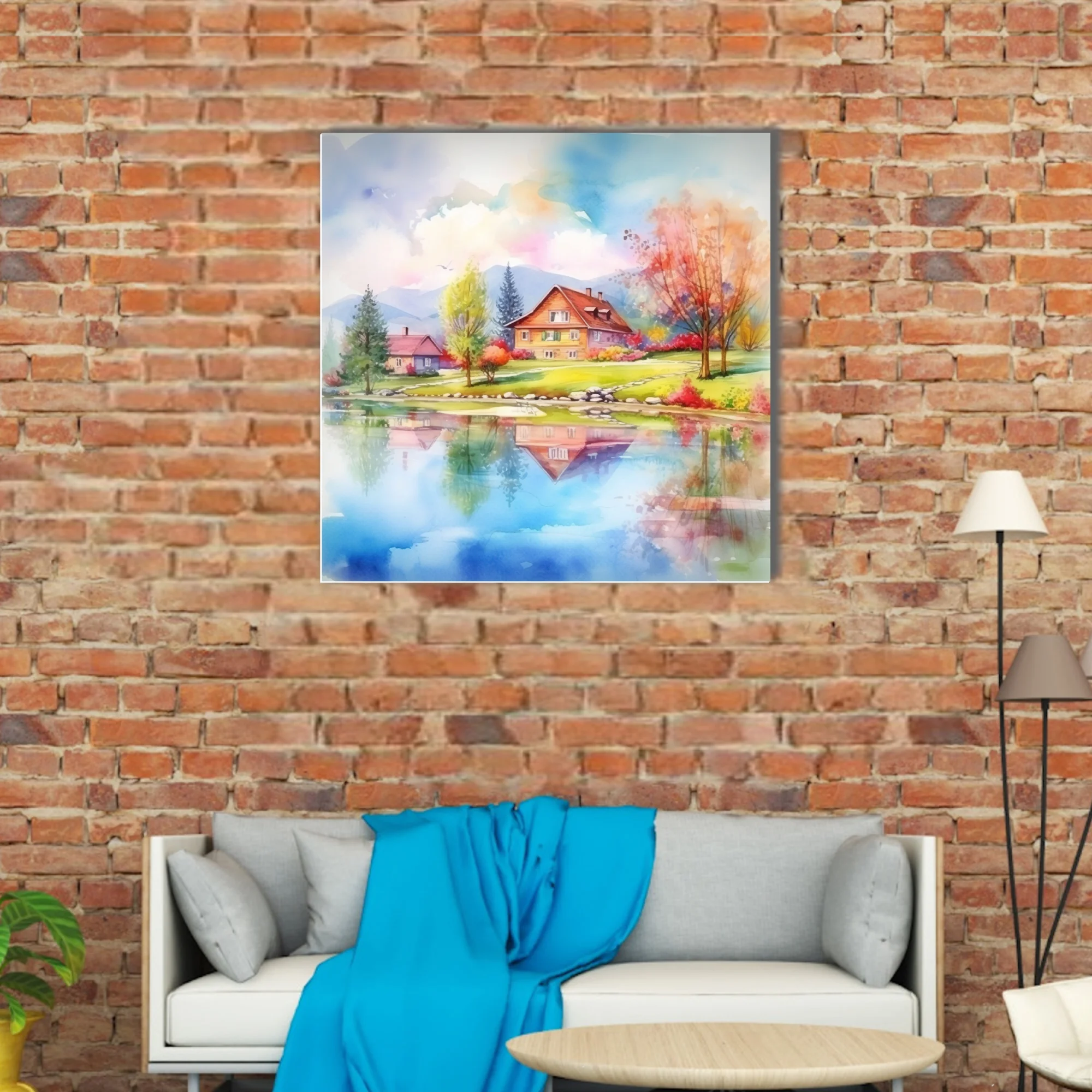 Watercolor-style spring village landscape with lake reflections and colorful trees