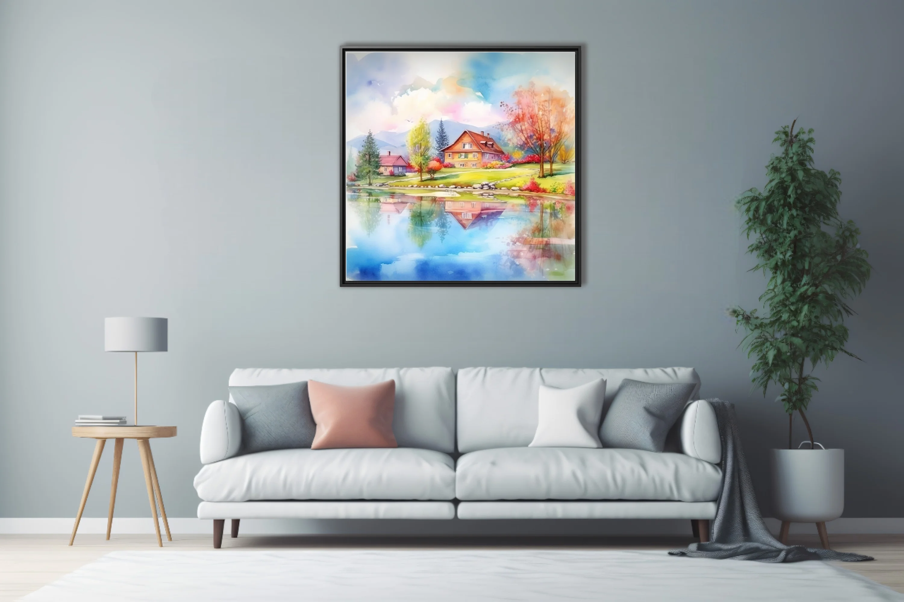 Watercolor-style spring village landscape with lake reflections and colorful trees