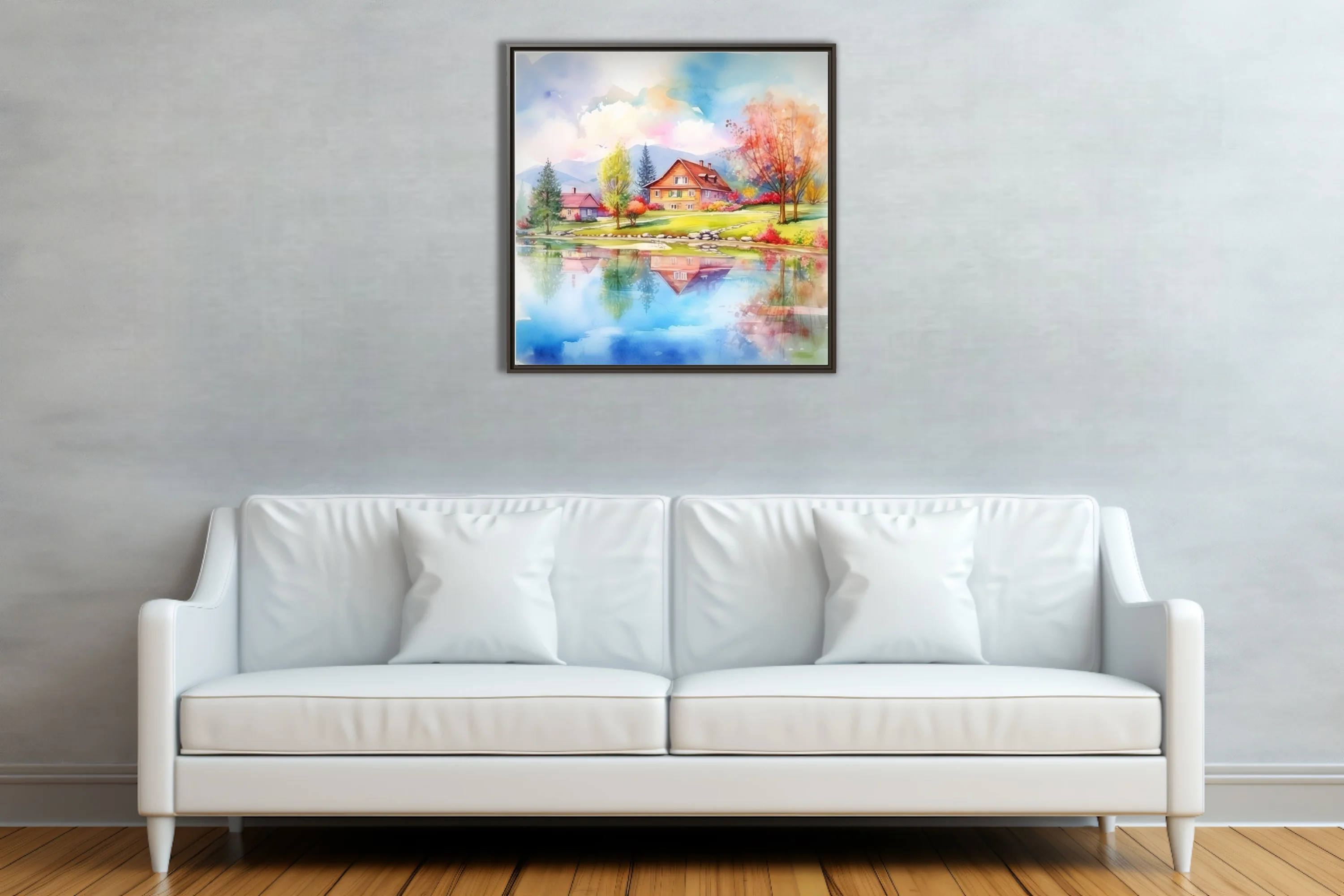 Watercolor-style spring village landscape with lake reflections and colorful trees