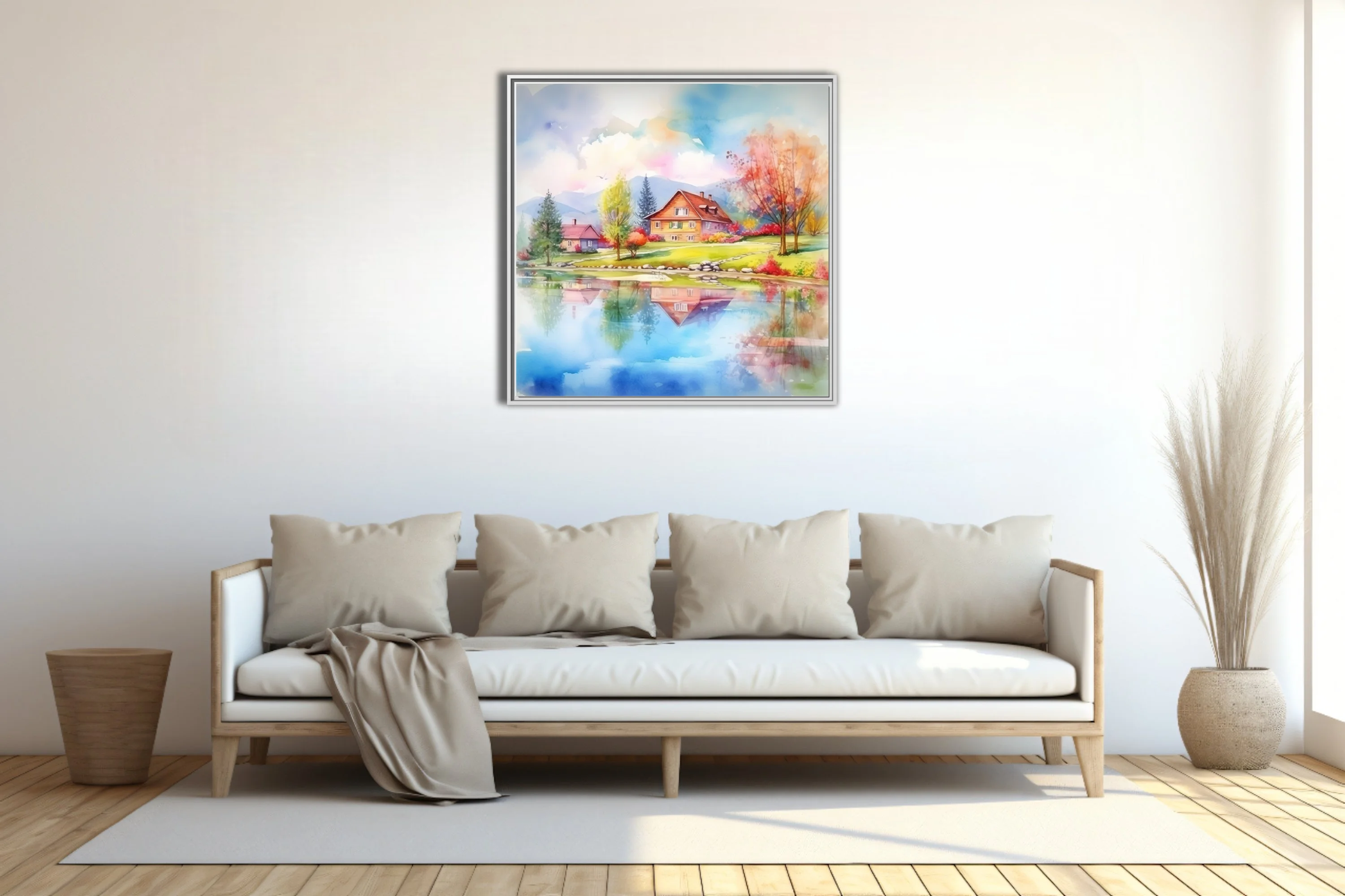 Watercolor-style spring village landscape with lake reflections and colorful trees