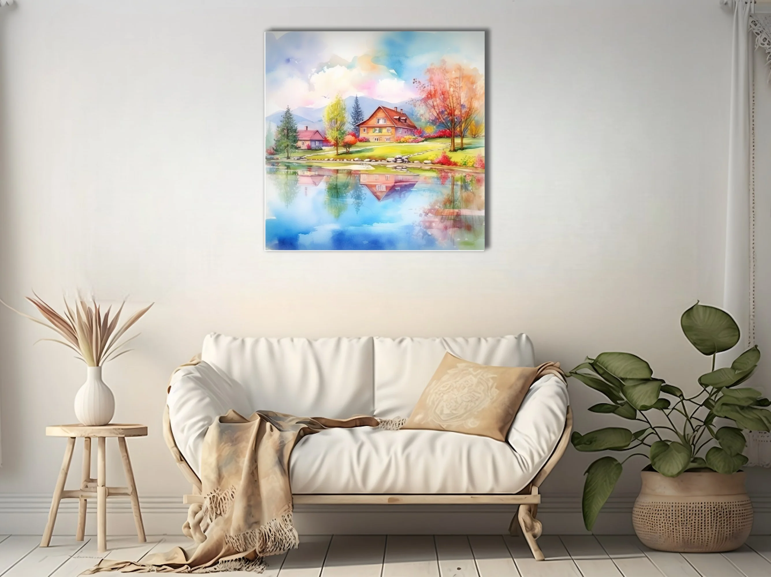 Watercolor-style spring village landscape with lake reflections and colorful trees