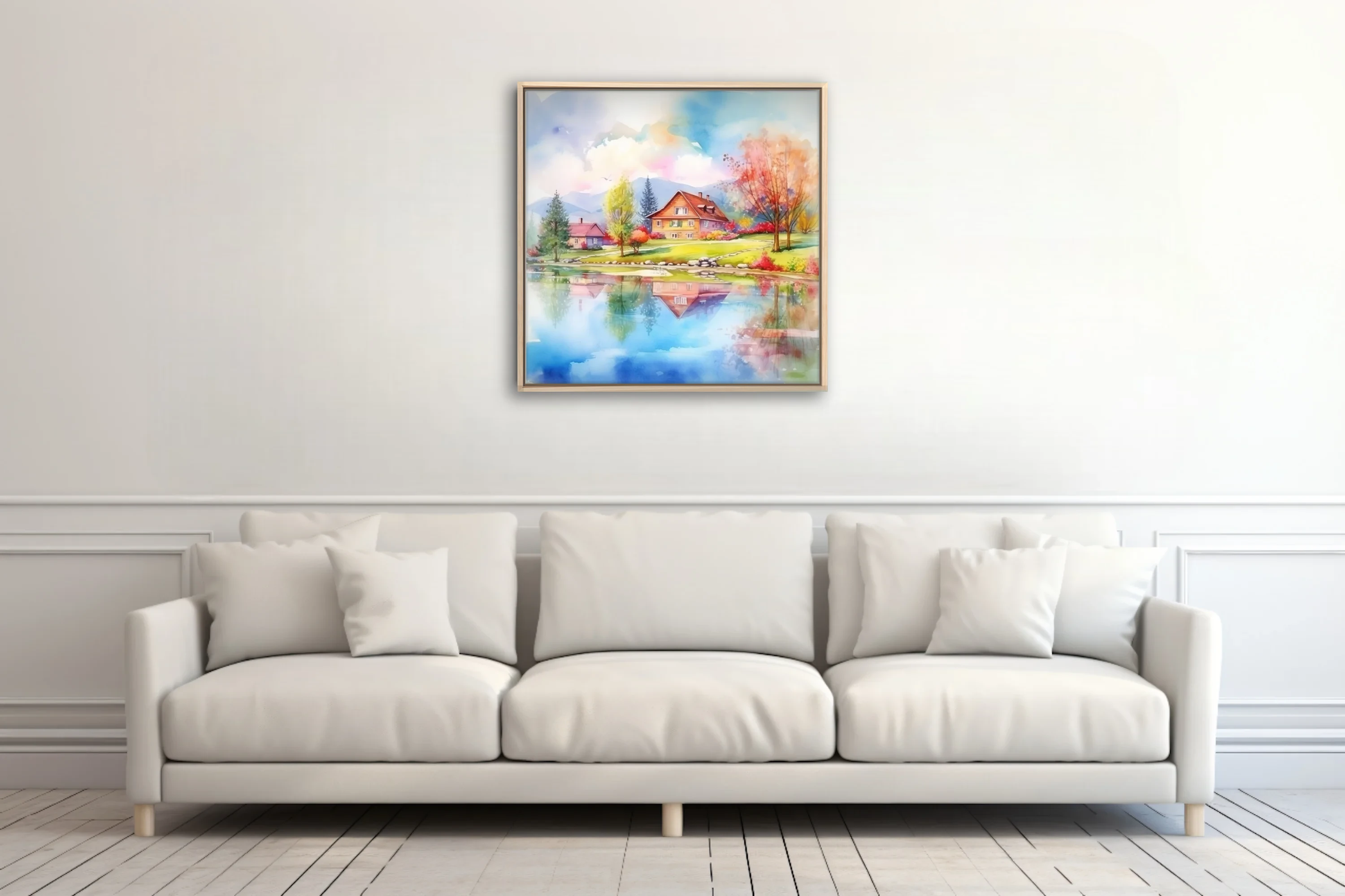Watercolor-style spring village landscape with lake reflections and colorful trees