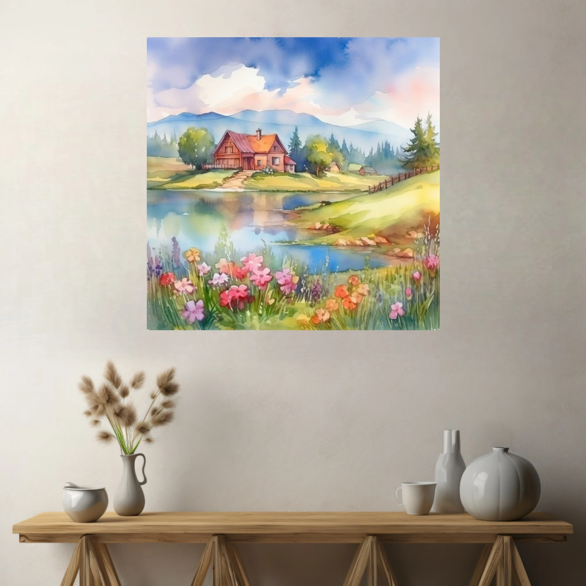 Watercolor-style spring landscape with cottage, lake, mountains, and wildflowers in soft pastels