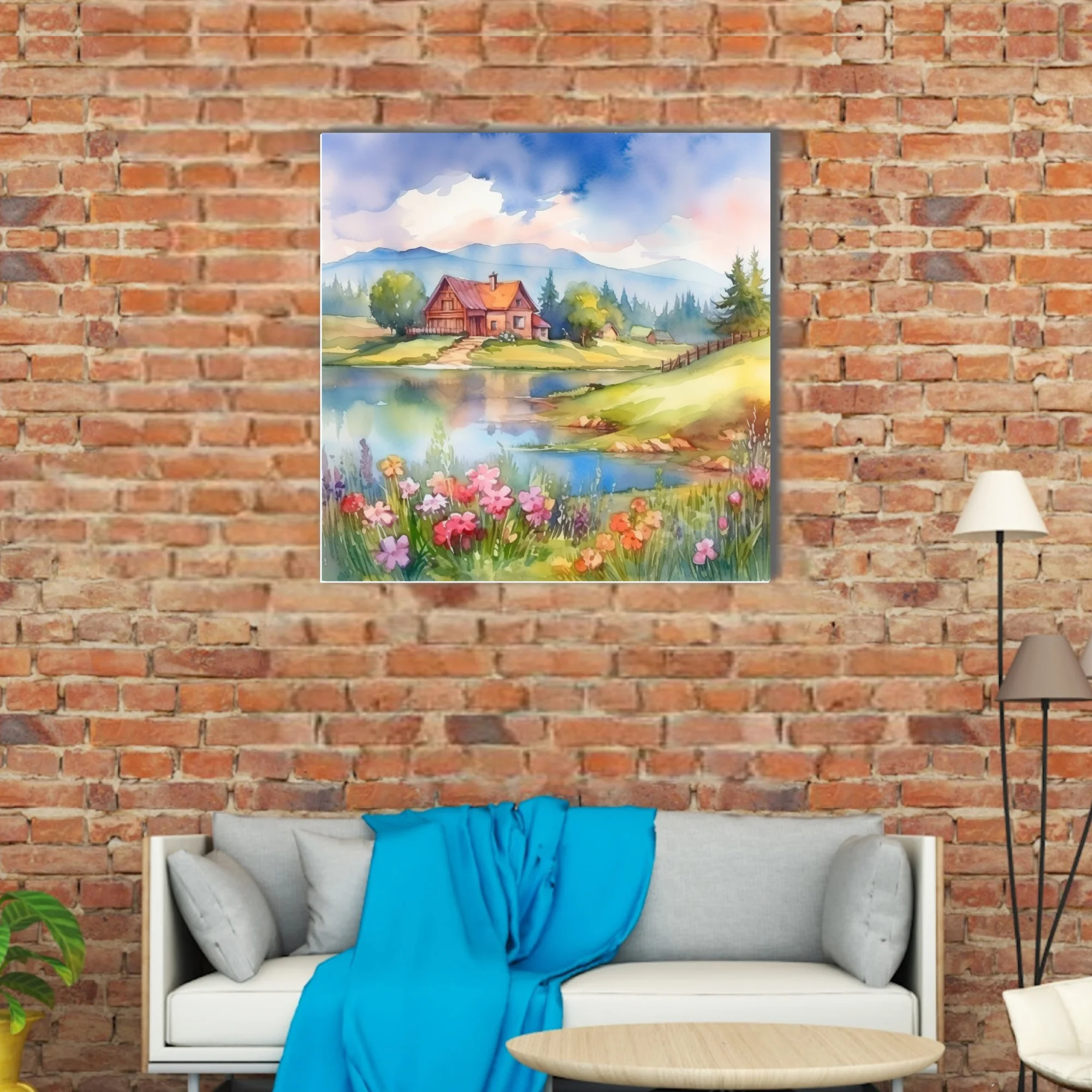 Watercolor-style spring landscape with cottage, lake, mountains, and wildflowers in soft pastels