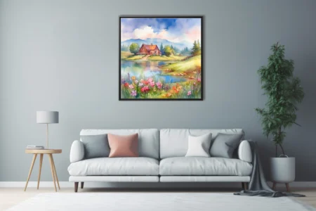 Watercolor-style spring landscape with cottage, lake, mountains, and wildflowers in soft pastels