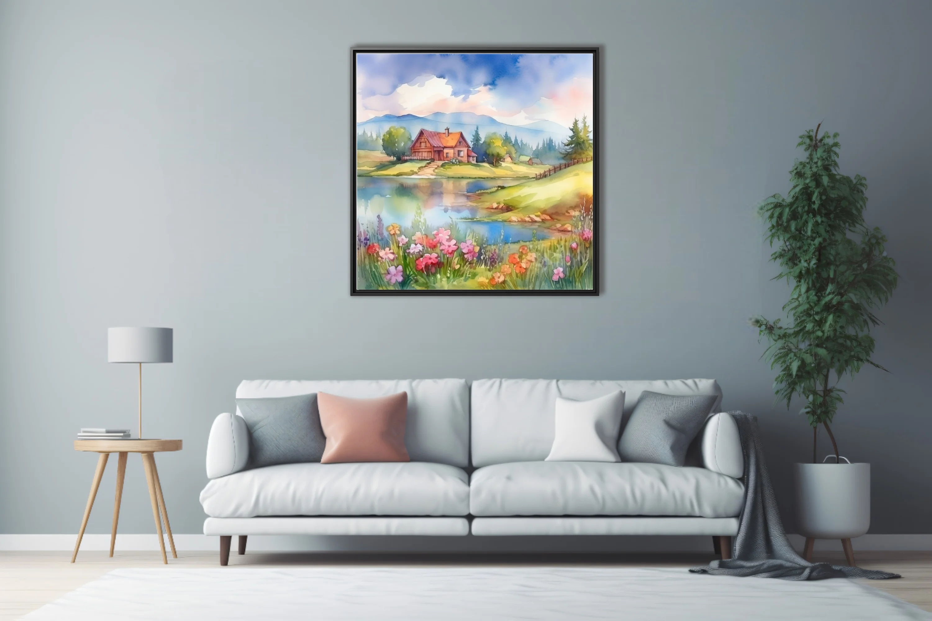 Watercolor-style spring landscape with cottage, lake, mountains, and wildflowers in soft pastels