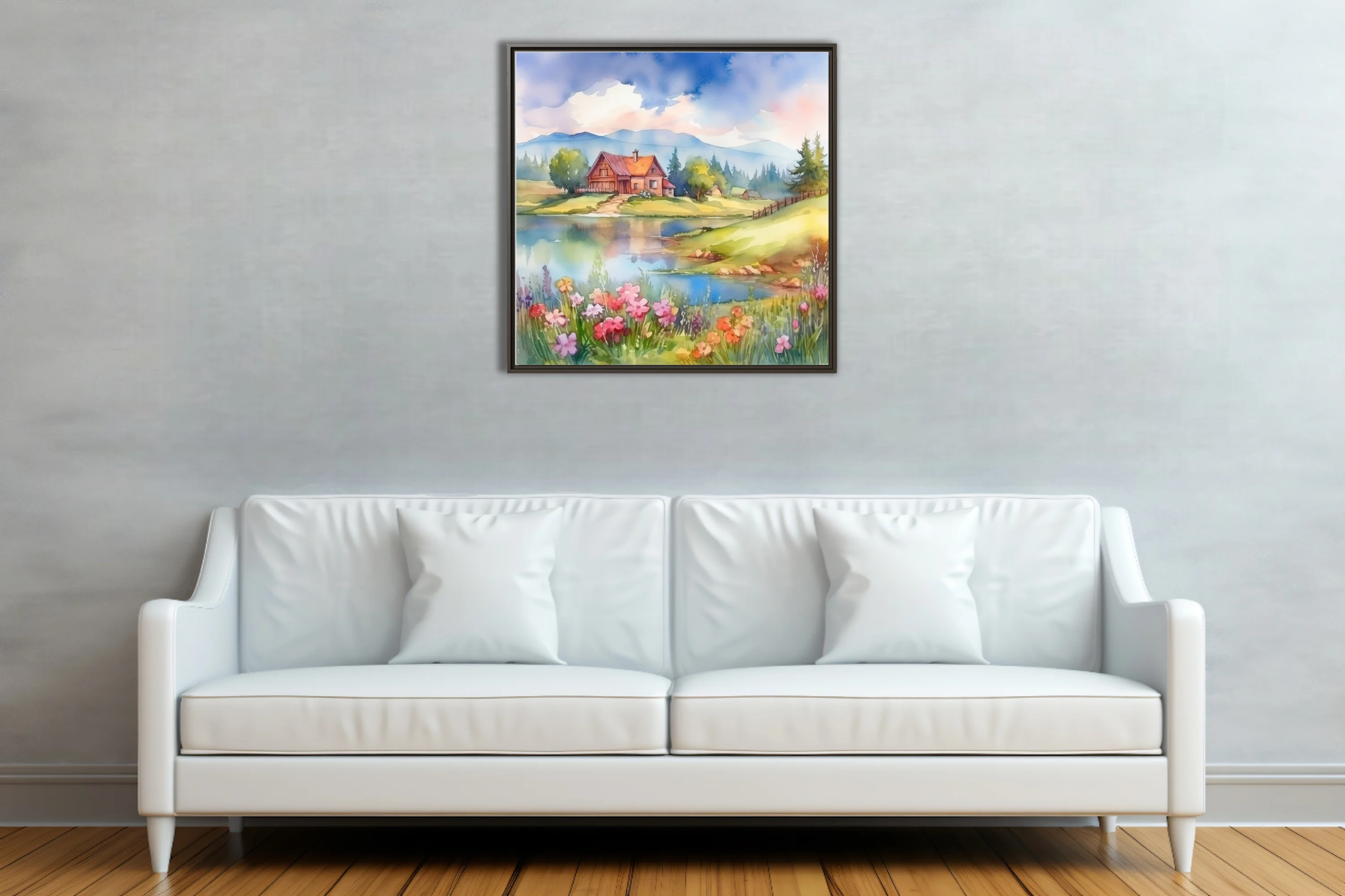 Watercolor-style spring landscape with cottage, lake, mountains, and wildflowers in soft pastels