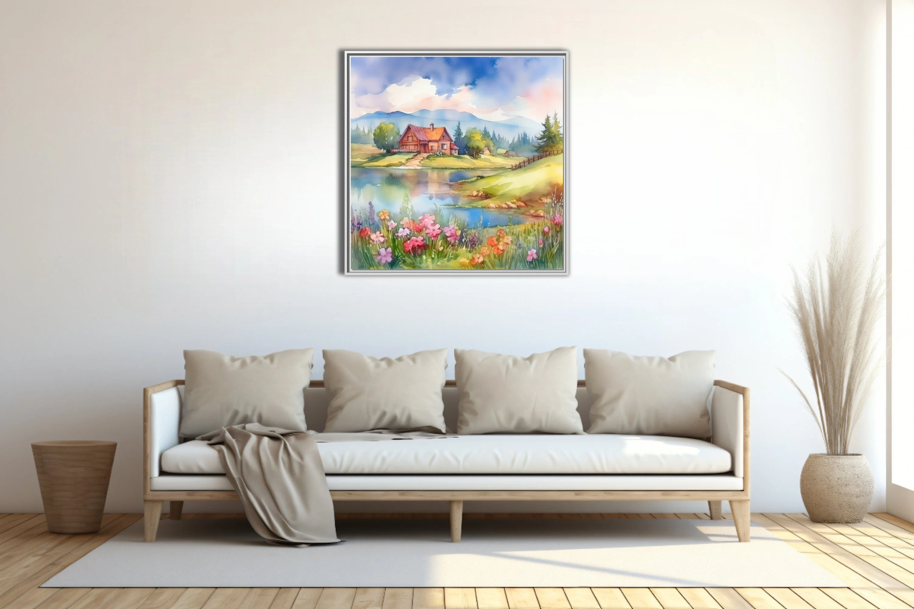 Watercolor-style spring landscape with cottage, lake, mountains, and wildflowers in soft pastels