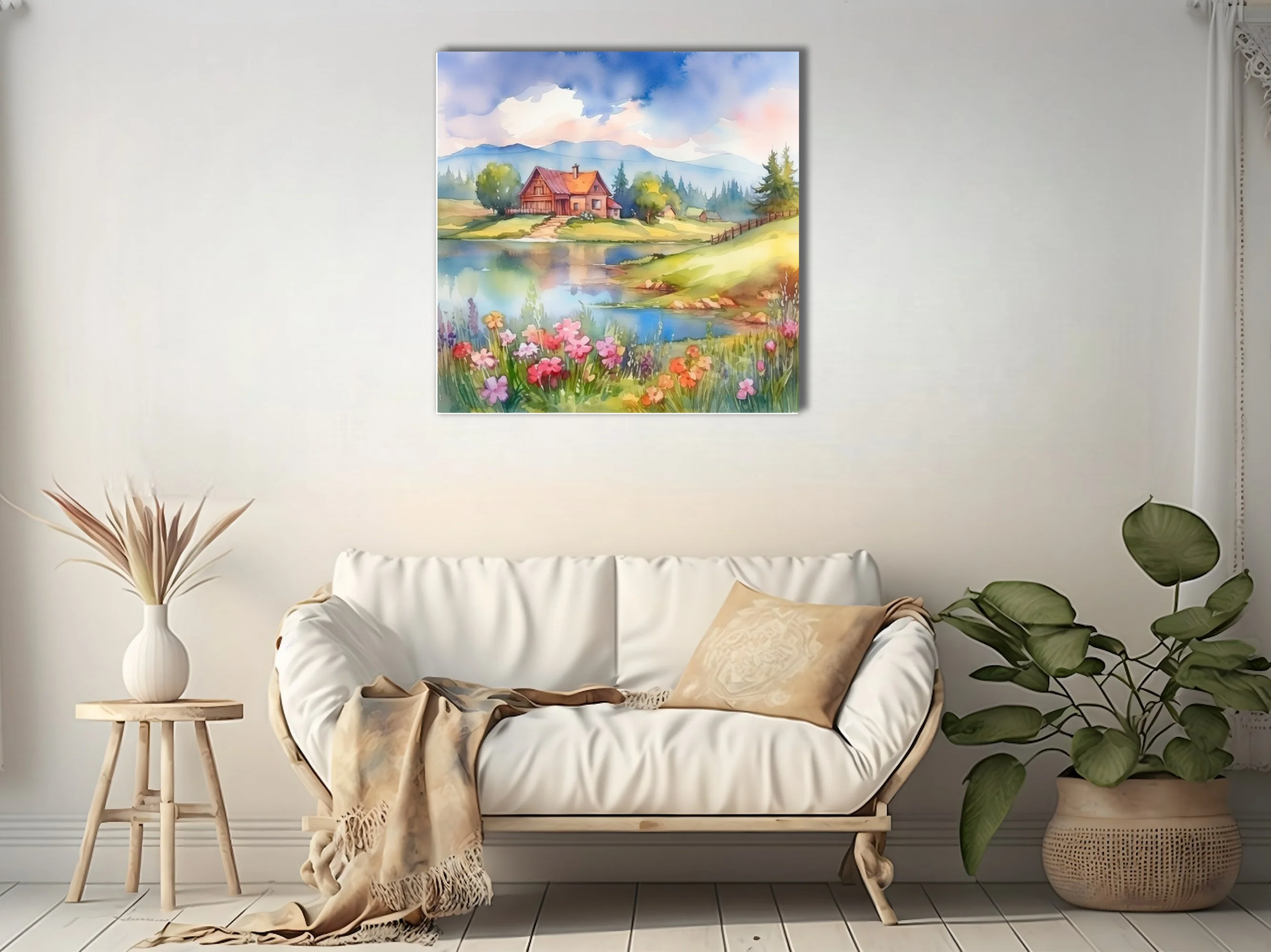 Watercolor-style spring landscape with cottage, lake, mountains, and wildflowers in soft pastels