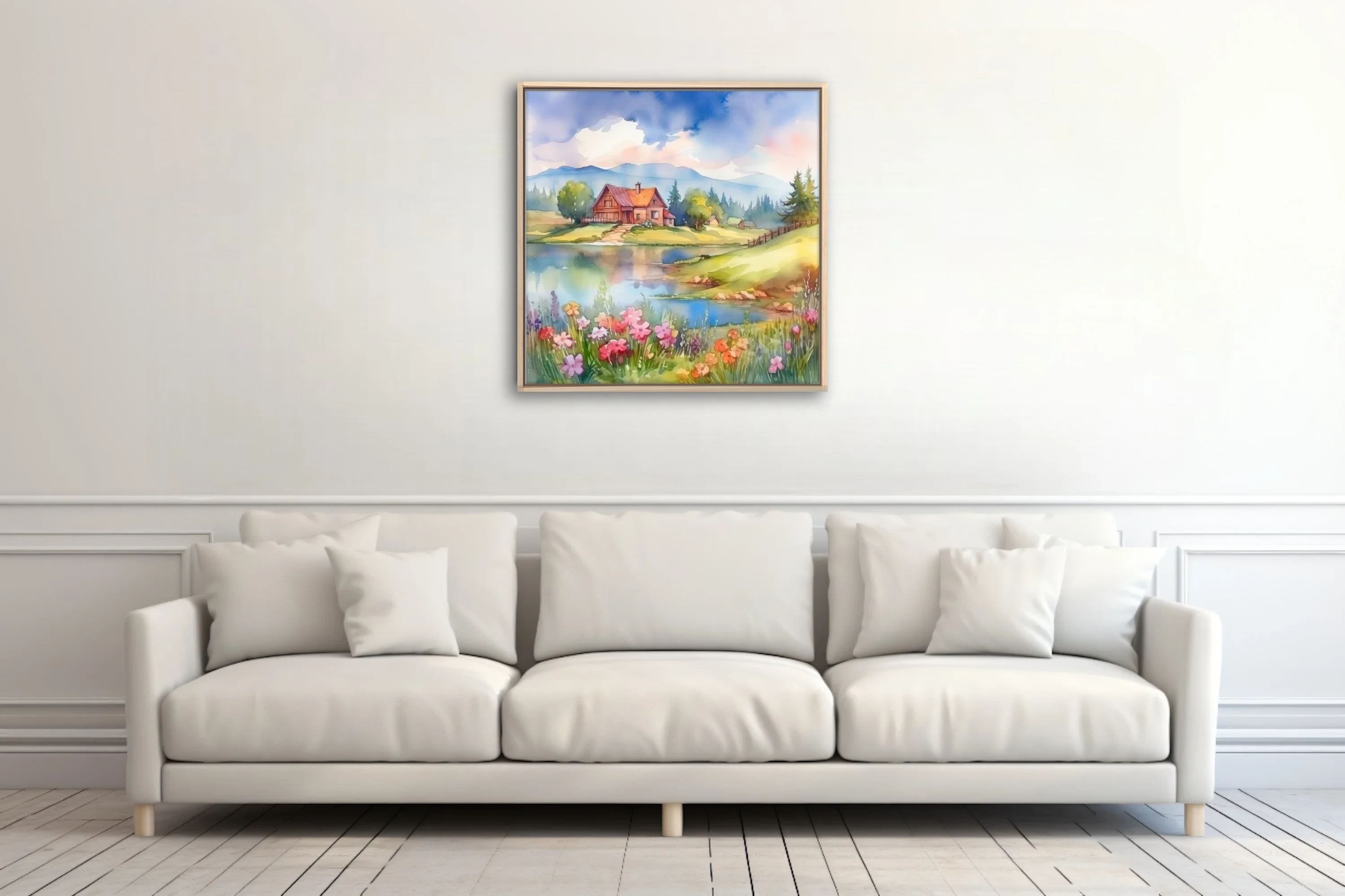 Watercolor-style spring landscape with cottage, lake, mountains, and wildflowers in soft pastels