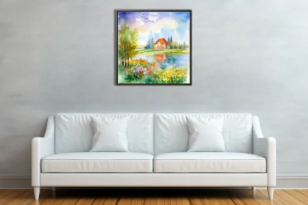 Watercolor-style spring lakeside cottage with flowering banks and pastel sky in soft painterly washes