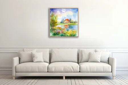 Watercolor-style spring lakeside cottage with flowering banks and pastel sky in soft painterly washes