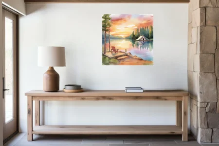 Watercolor-style lakeside sunset with evergreen trees, dock, and calm reflections