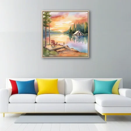 Watercolor-style lakeside sunset with evergreen trees, dock, and calm reflections