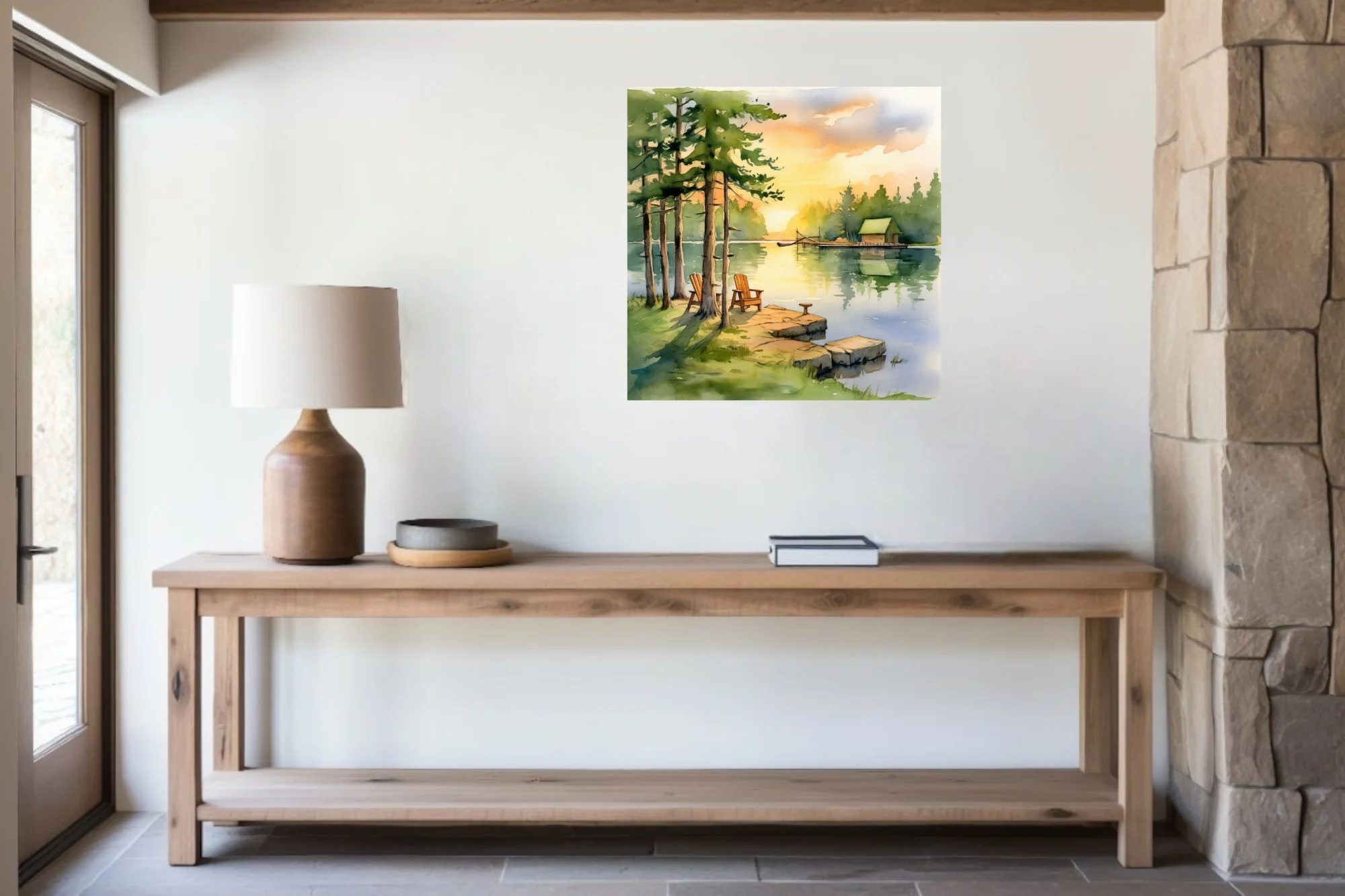 Watercolor-style lakeside sunset with pines, Adirondack chairs, and boathouse in warm amber and green tones