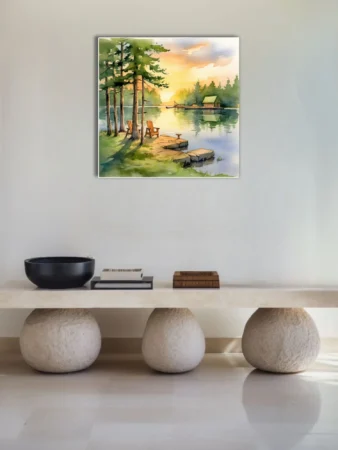 Watercolor-style lakeside sunset with pines, Adirondack chairs, and boathouse in warm amber and green tones