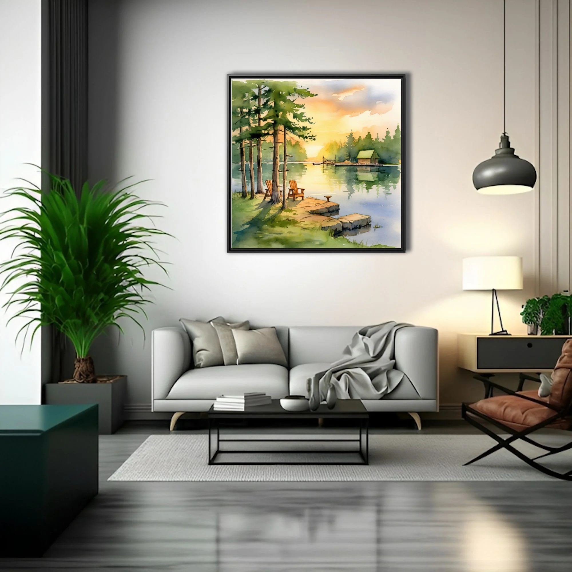Watercolor-style lakeside sunset with pines, Adirondack chairs, and boathouse in warm amber and green tones