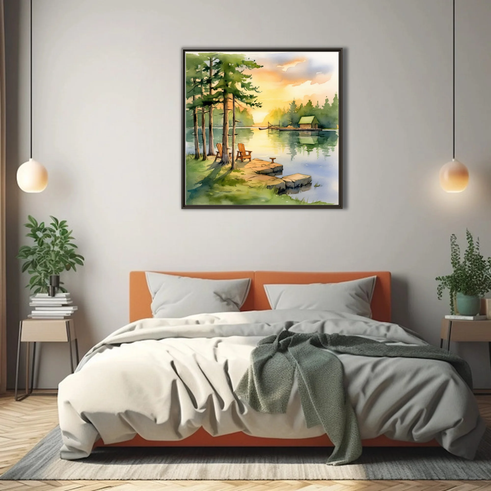 Watercolor-style lakeside sunset with pines, Adirondack chairs, and boathouse in warm amber and green tones