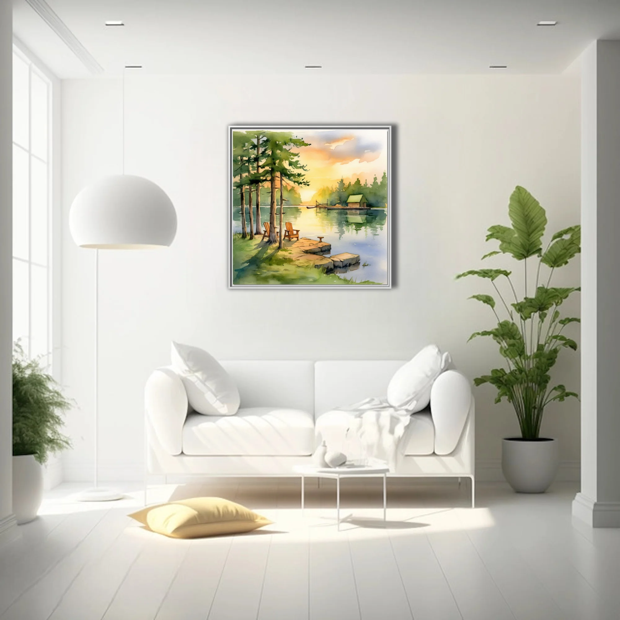 Watercolor-style lakeside sunset with pines, Adirondack chairs, and boathouse in warm amber and green tones