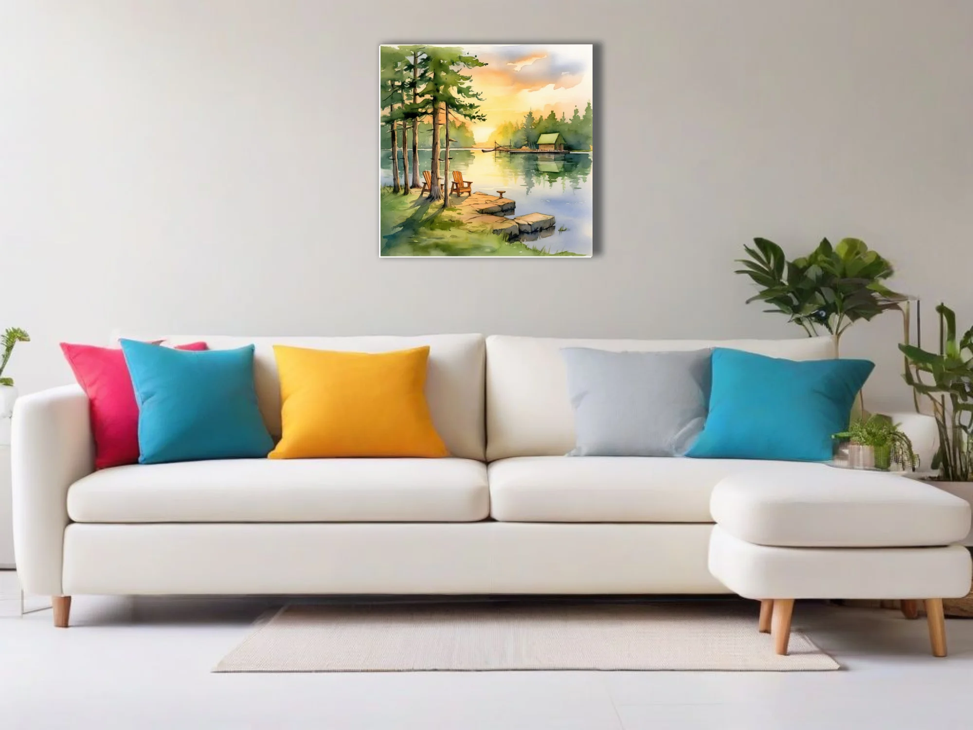 Watercolor-style lakeside sunset with pines, Adirondack chairs, and boathouse in warm amber and green tones