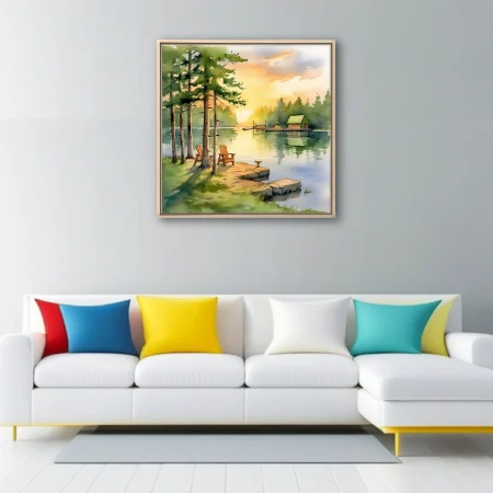 Watercolor-style lakeside sunset with pines, Adirondack chairs, and boathouse in warm amber and green tones